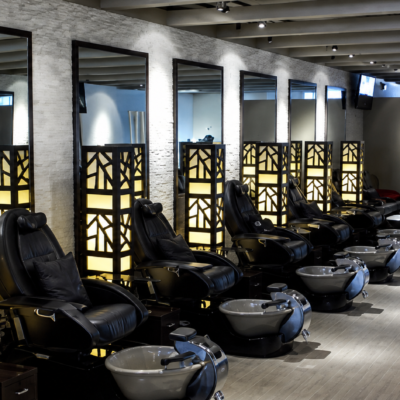 Modern pedicure station with individual basins and seating