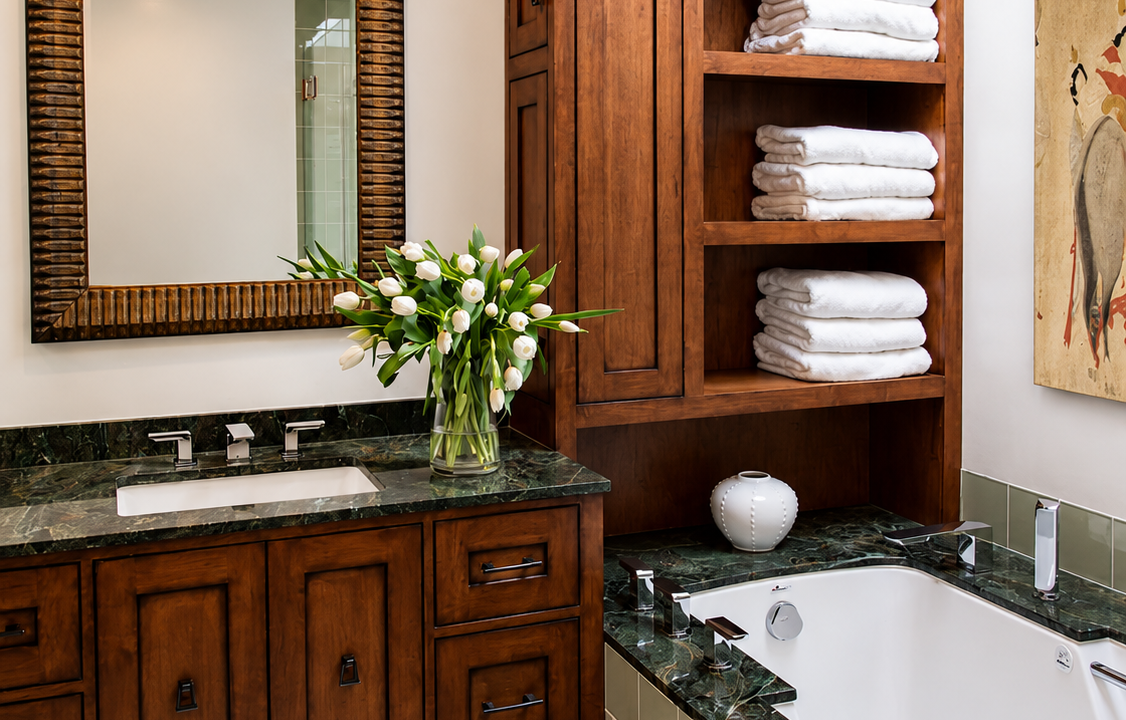 Bright, open view of the remodeled bathroom showing new lighting.
