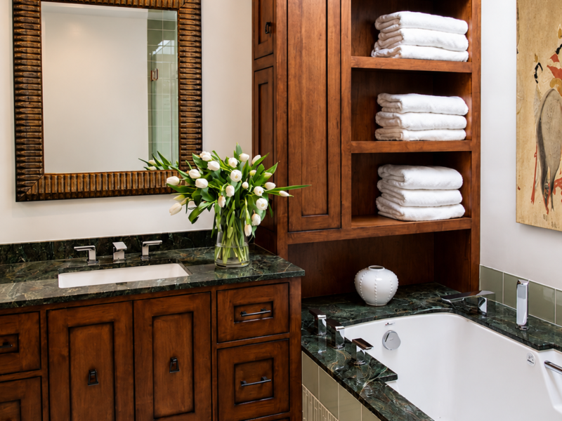 Bright, open view of the remodeled bathroom showing new lighting.