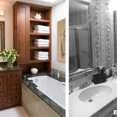 Frameless glass shower with decorative tile accents and recessed niche.