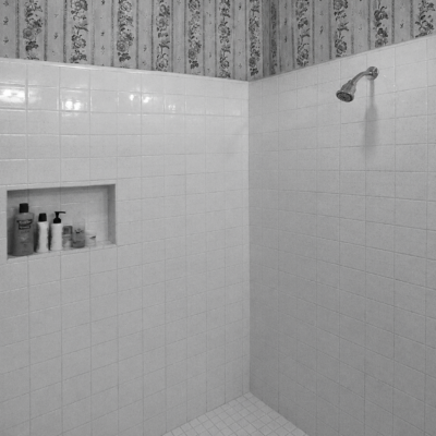 Detailed view of the contrasting cabinetry with green stone and tile.