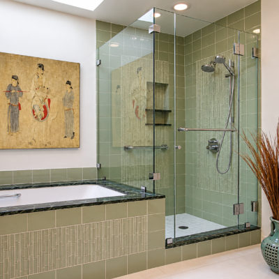 Before view of the original master bathroom with floral wallpaper and older fixtures.